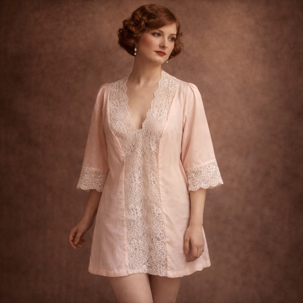 1960s‎ Deena Vintage Pink Lace Trim Short Robe  Made in USA Medium